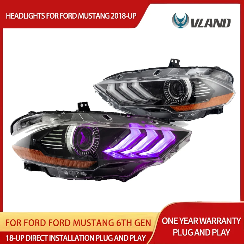 Vland 2018-2021 Mustang 6th Gen LED Dual Beam Projector RGB Headlights with DRL High Low Beam Front Headlamp Assembly