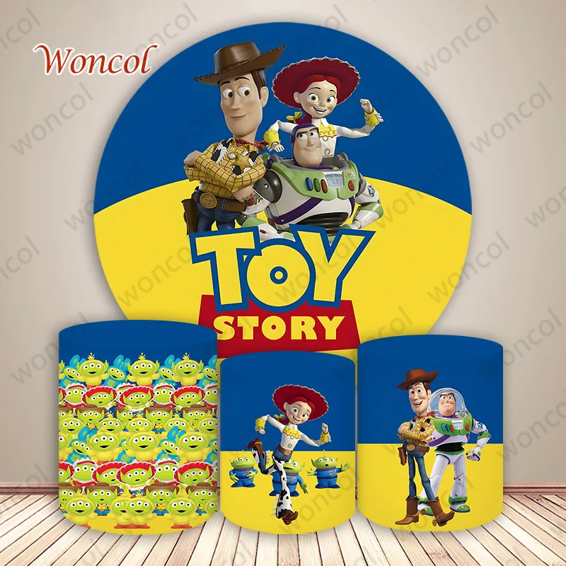 Toy Story Birthday Round Backdrop Buzz Lightyear Woody Jessie Backdrop Woody Jessie Aliens Cylinder Cover Child Birthday Decor