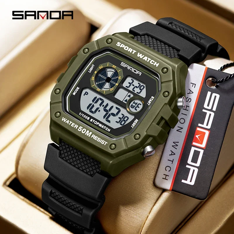 SANDA Fashionable Men's Electronic Watch Sports Multifunctional Waterproof LED Single Display Classic Square Electronic Watch