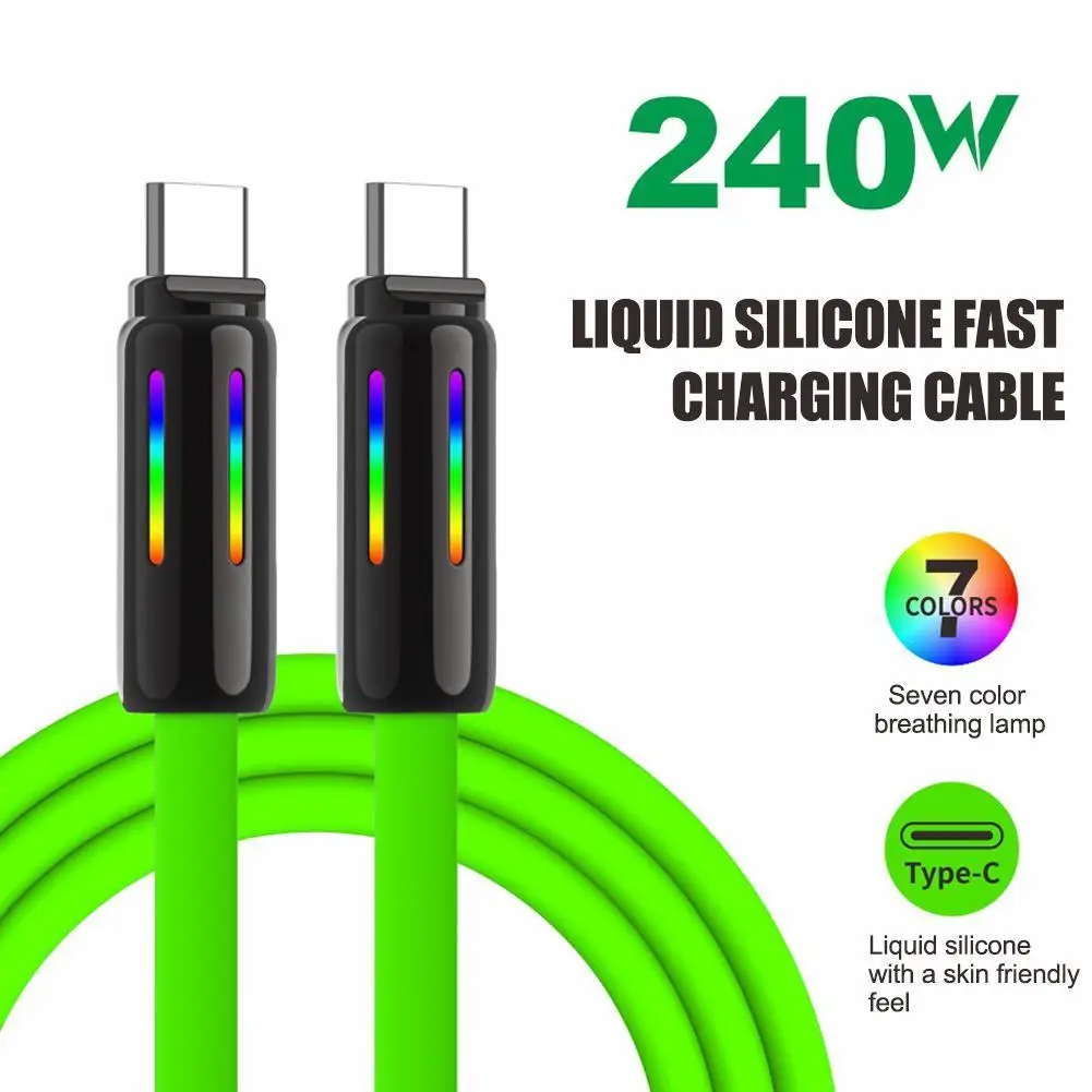 USB C to USB C Cable 240W Silicone USB-C Charging Cable Type-C Cord for iPhone 15 and Other Devices Seven-color Breathing Light