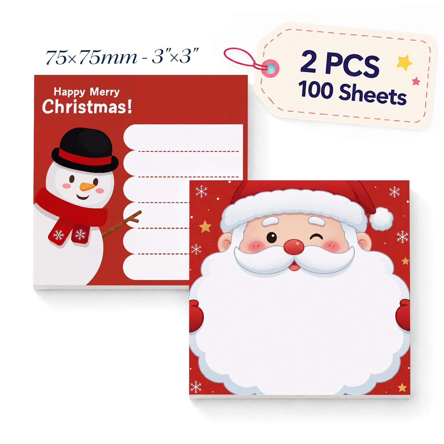 2 Pcs Square Christmas Sticky Notes Suitable For Office School, Self-Adhesive Santa Snowman Memo Pads, Holiday Planner Paper