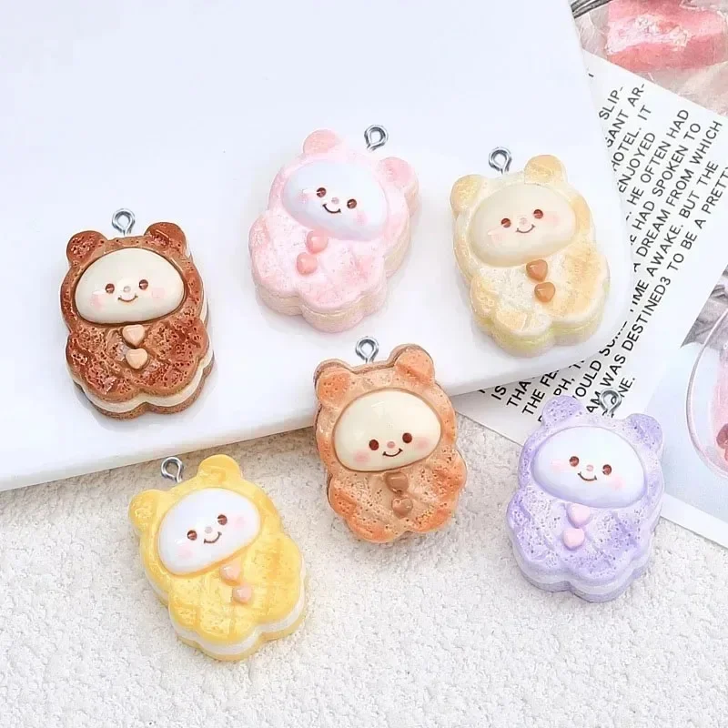 6Pcs Cute Cartoon Bear Biscuit Resin Pendants Simulated Snack Charms For DIY Jewelry Making Multifunctional Craft Findings