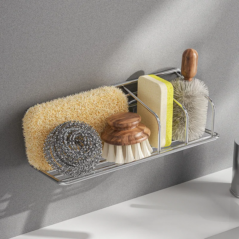 Stainless Steel Sink Sponge Holder Drill-Free Wall Mount Kitchen Organizer Fast Drain Dishcloth Storage Rack Space Saving
