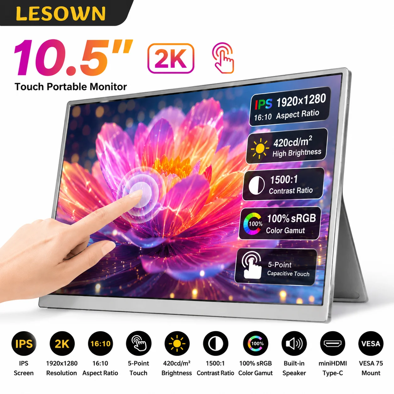 

LESOWN 10.5 Inch Touch Monitor 2K Resolution Driverless Laptop Screen Extender for Steam Deck