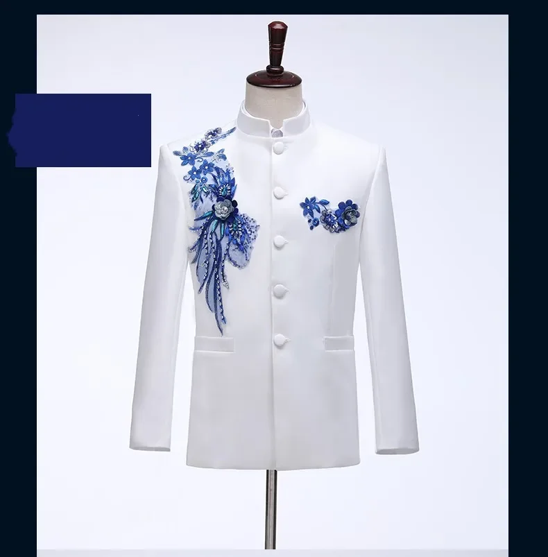 

Appliques Men Suits Tuxedo Stand Collar Single Breasted Pockets Customized 2 Pieces Blazer Pants Formal Occasion Business Office