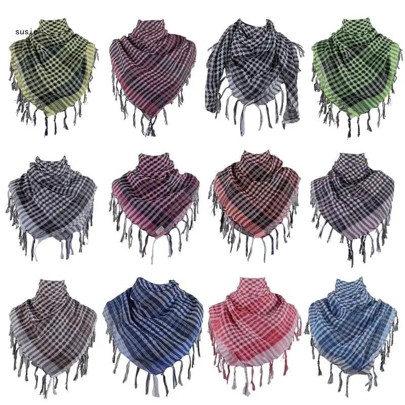 Colorblock Houndstooth Arab Keffiyeh Shemagh Scarf Tassels Lightweight Neck Warmer Cover Desert Scarves Shawl Headwrap
