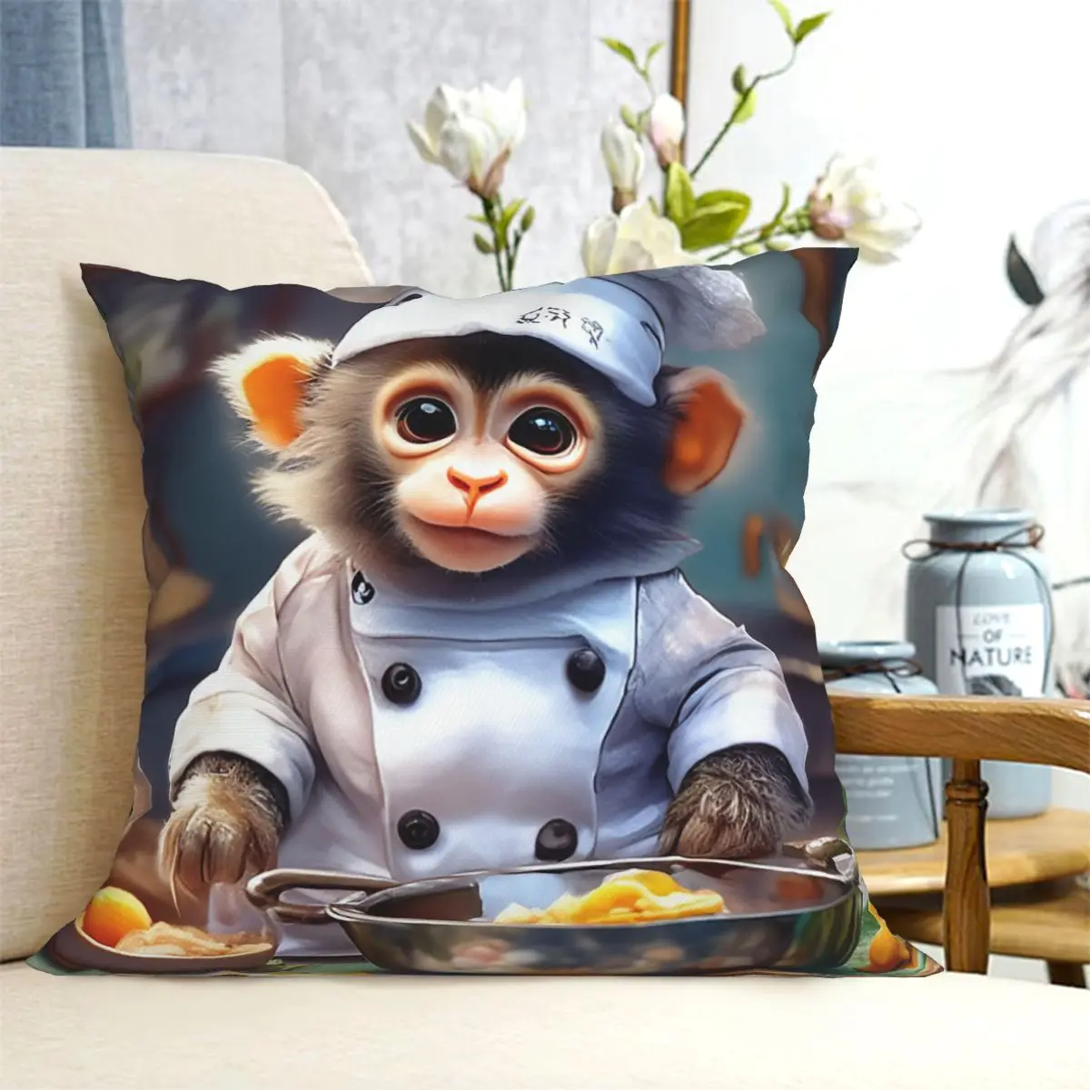 Cute Monkey Chef Square Pillowcase Cushion Cover Pillow Case Throw Pillow Cover for Home Sofa Living Room
