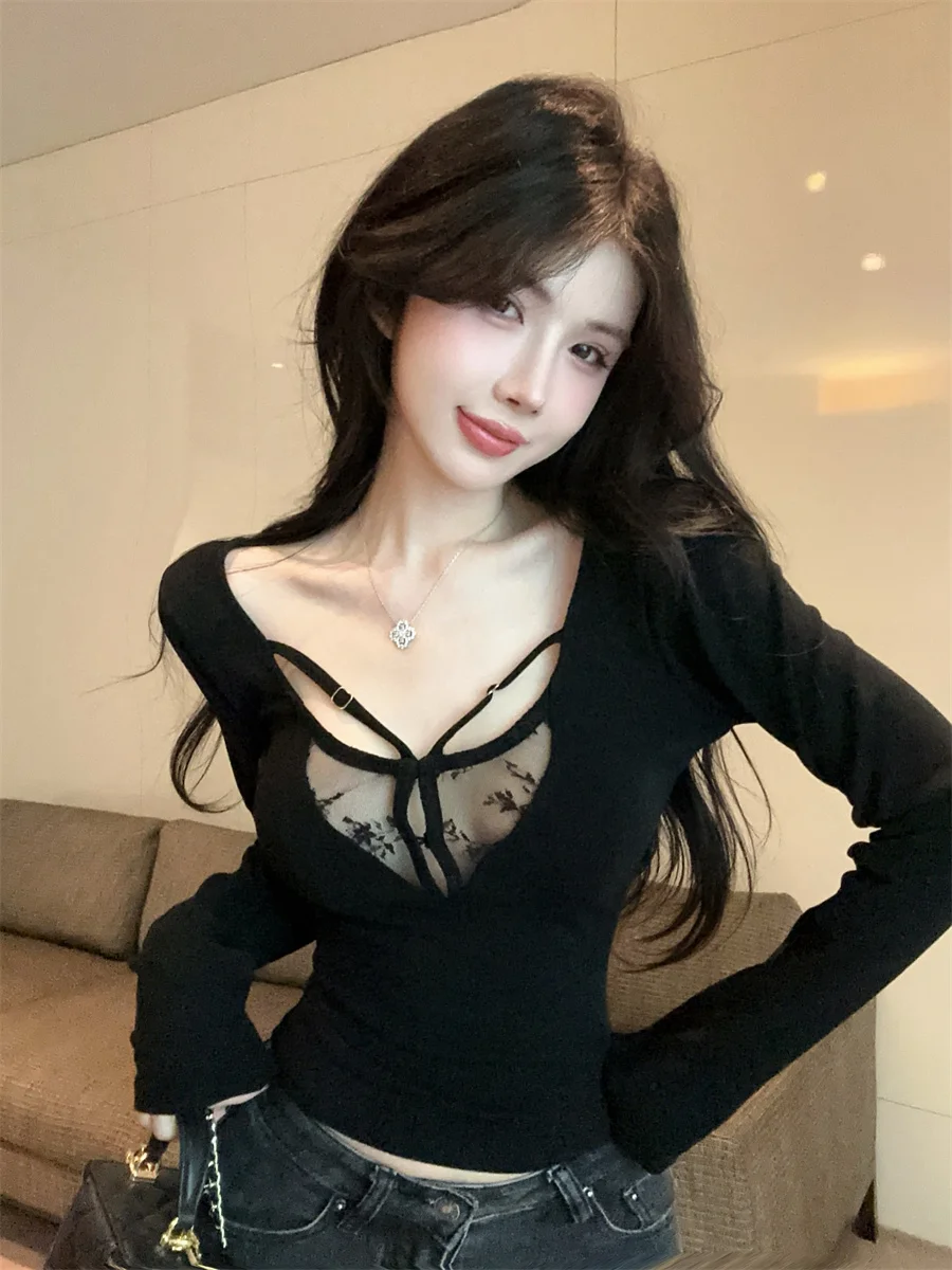 섹시한 패치 워크 메쉬 레이스 탑 v 넥 슬림 피트 블랙 Bottoming 셔츠 2025 봄 여성 긴 소매 티셔츠