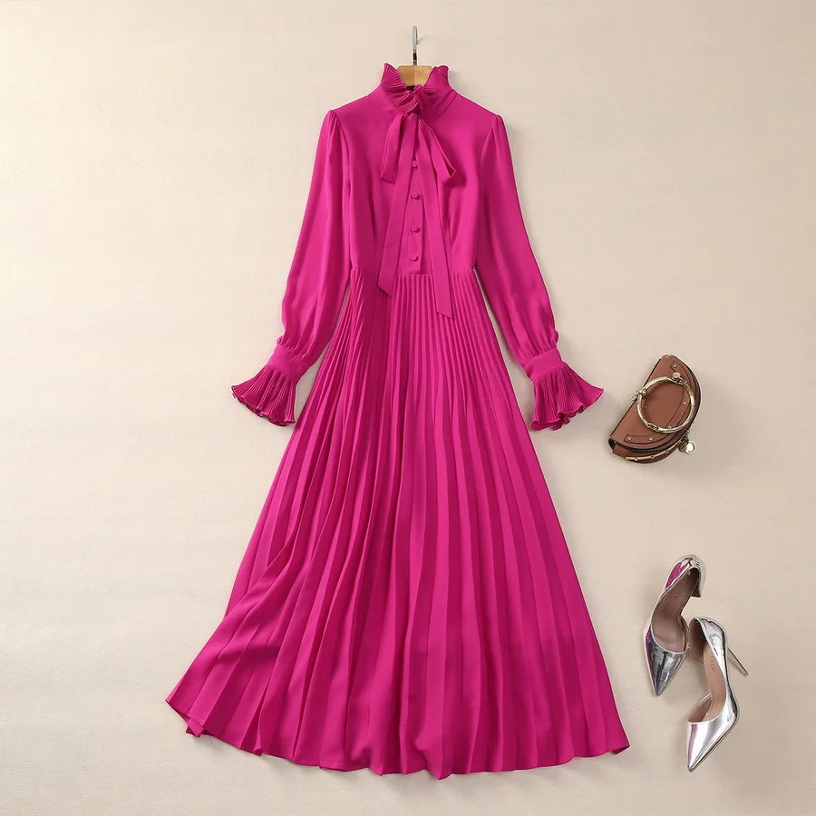 Europe and the United States women's 2024 spring new Bow stand collar Horn sleeve long sleeve rose red fashion Pleated dress XXL