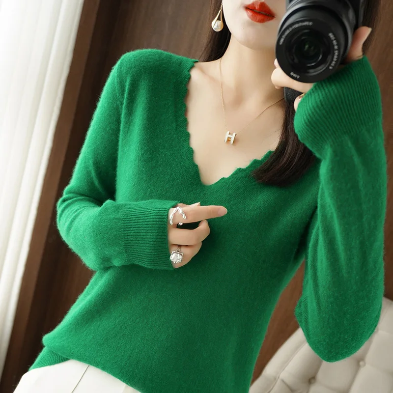 Women's Pullover Spring/Autumn Wool Sweater Casual Solid Color Knitwear Ladies' Clothes V-Neck Blouse Loose Tops