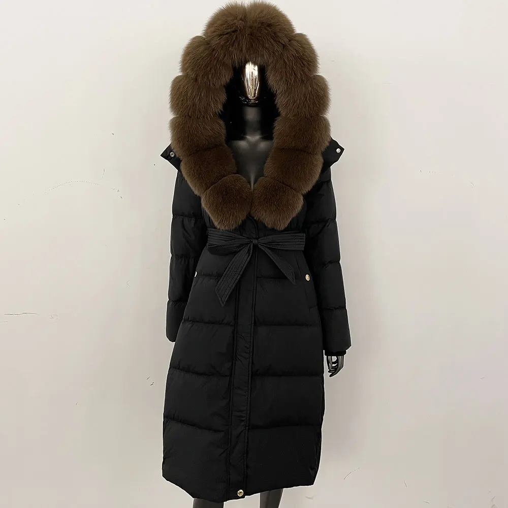 秋冬新作 レディース ロング ホワイトグースダウンコート 天然フォックスファー襟付きジャケット 女性用 ベルト付き フード付き 暖かい パファージャケット