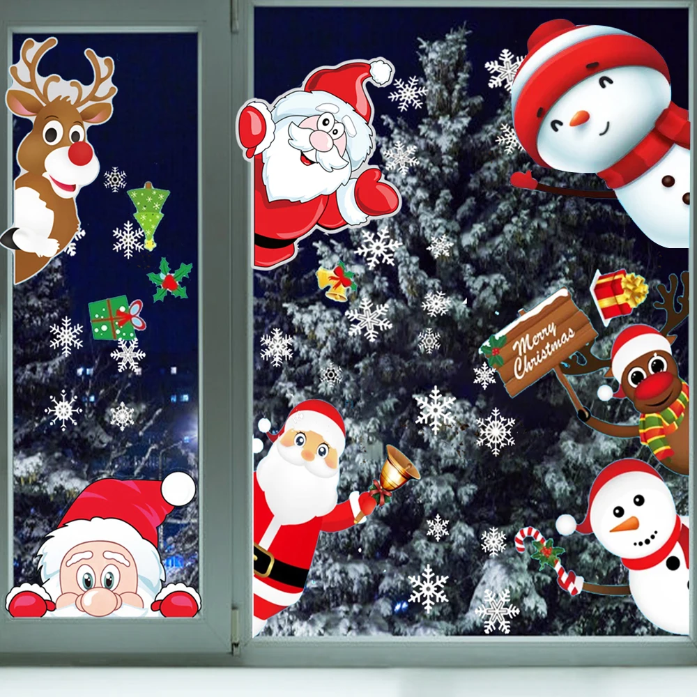 Christmas Santa Claus Window Clings Stickers Xmas Decals Decorations Window Stickers Snowflake Reindeer Glass Window Decorations