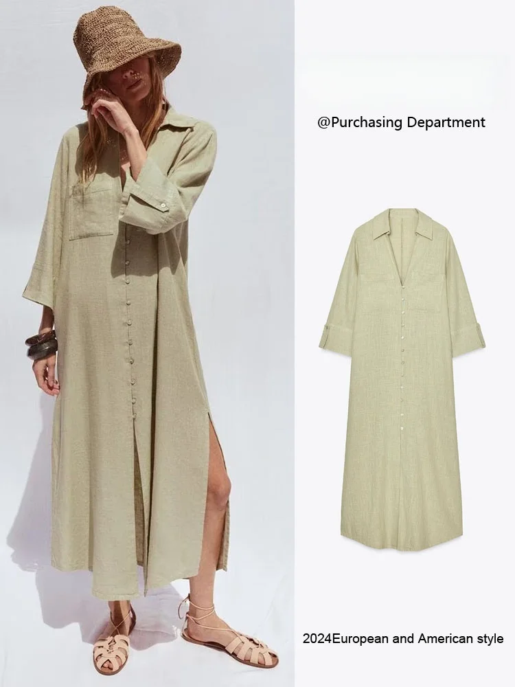 Fashionable Shirt-Style V-Neck Long Sleeve Dress ZA2025 New Summer Women's Single Button Elegant Dress for Ladies