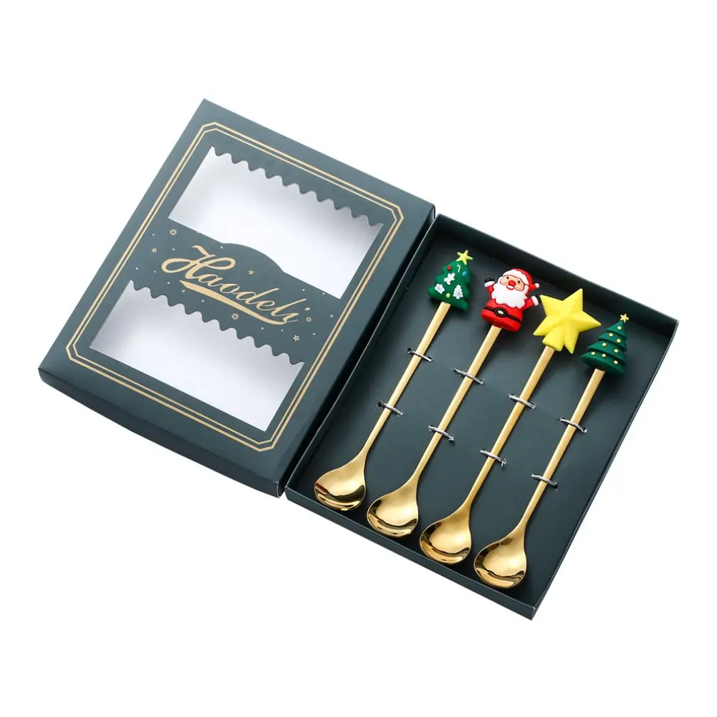 Christmas Coffee Spoons Forks Set (4/6Pcs), Stainless Steel Spoon Forks Christmas Gifts for Kids(Red/Green Gift Box Set)