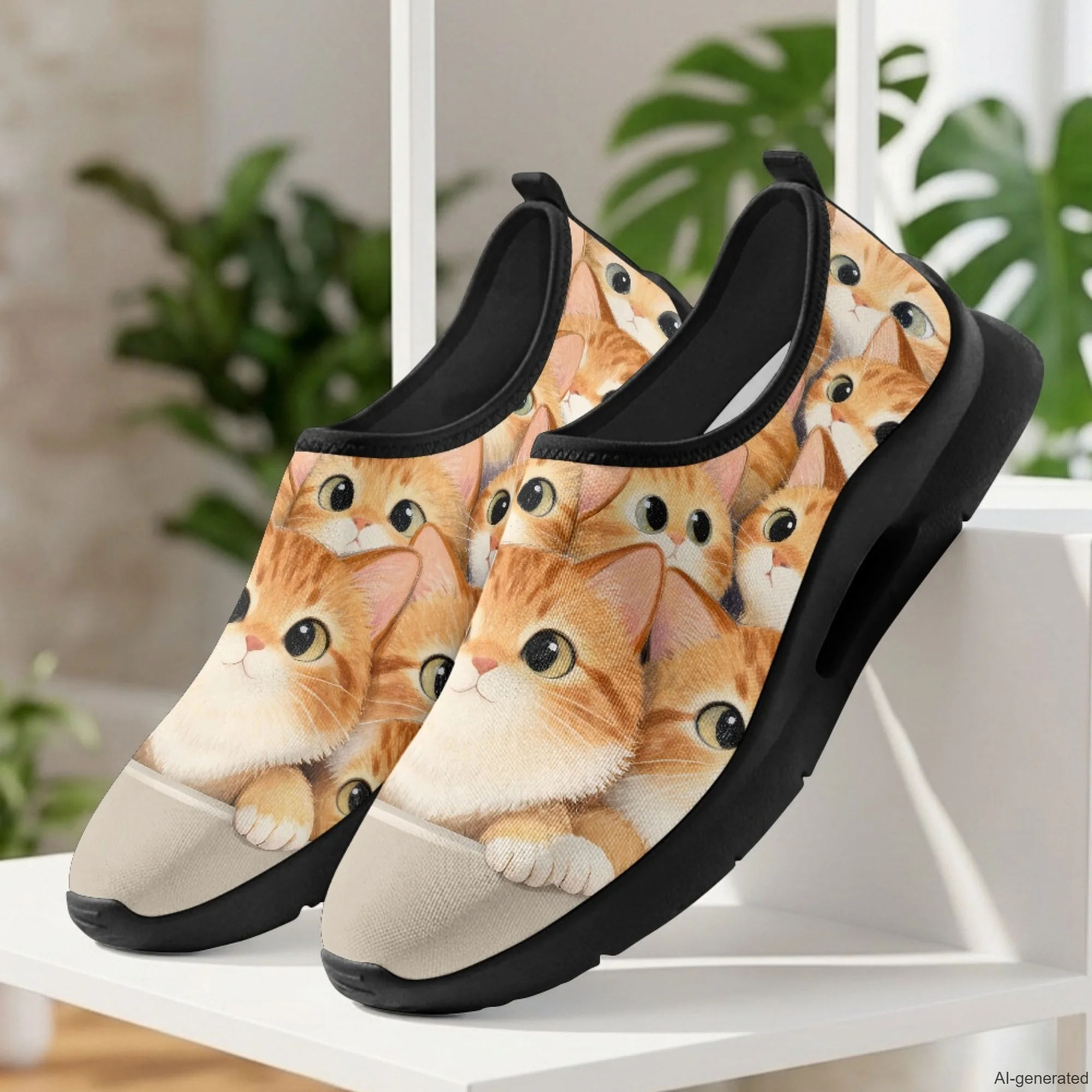 XIXIRIMIDO Mens Casual Shoes Slip On Walking Sneakers Women Gym Workout Shoes Cute Cat Print Breathable Mesh Shoes 35-48