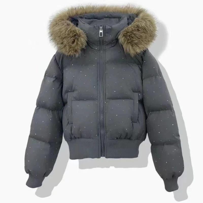 Y2k Winter Parkas Coats American Vintage Thicken Zipper Streetwear Slim Jackets 2000S High Street Elegant Fur Collor Hooded Coat
