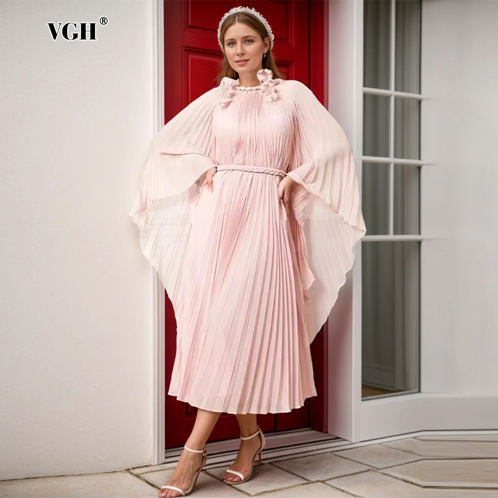 

VGH Solid Elegant Long Dresses For Women Round Neck Batwing Sleeve High Waist Minimalist Loose Pleated Dress Female Fashion New