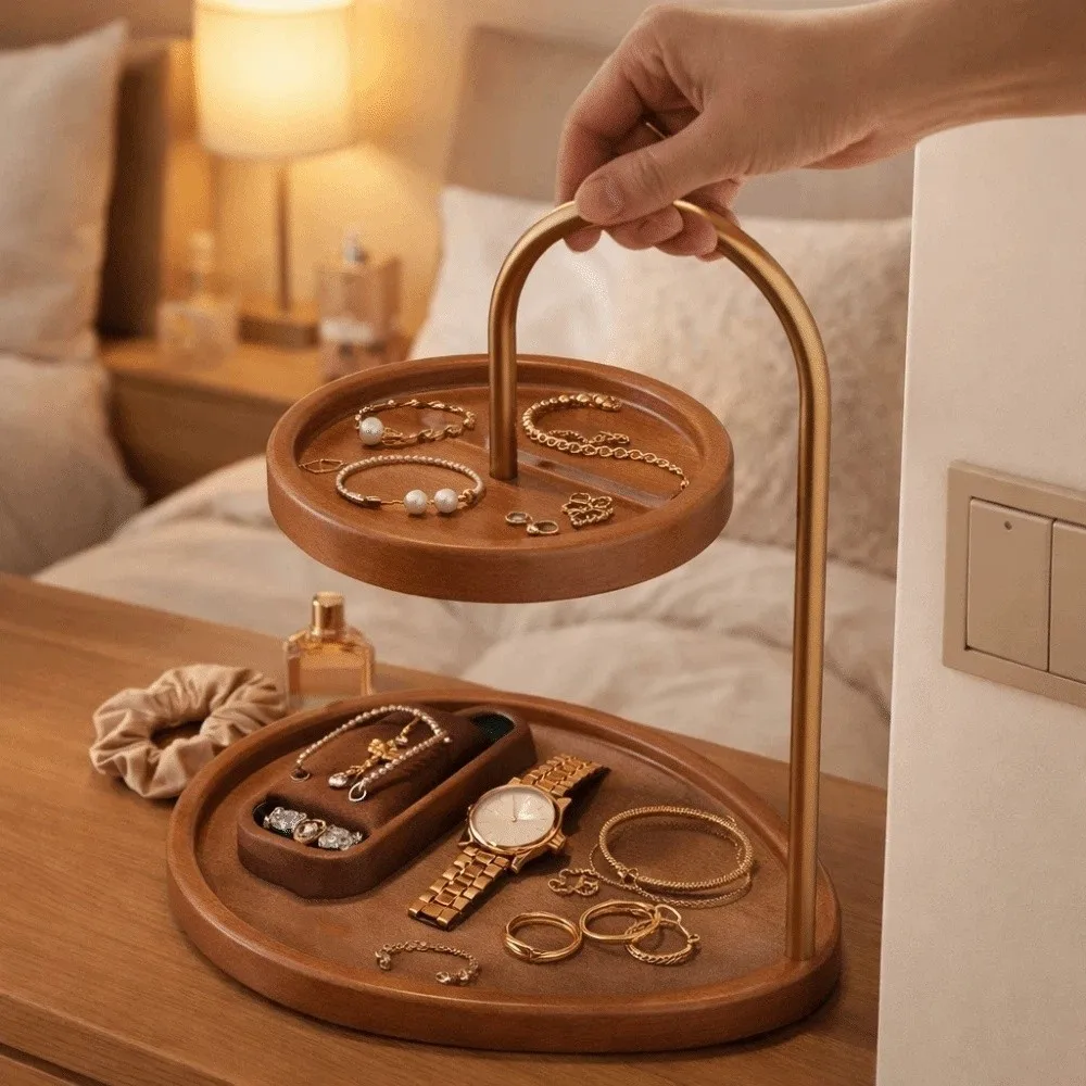 Wooden Double Layer Storage Tray Decorative Retro Jewelry Organizer Jewelry Holder Key Rack Tray Jewelry Display Stand
