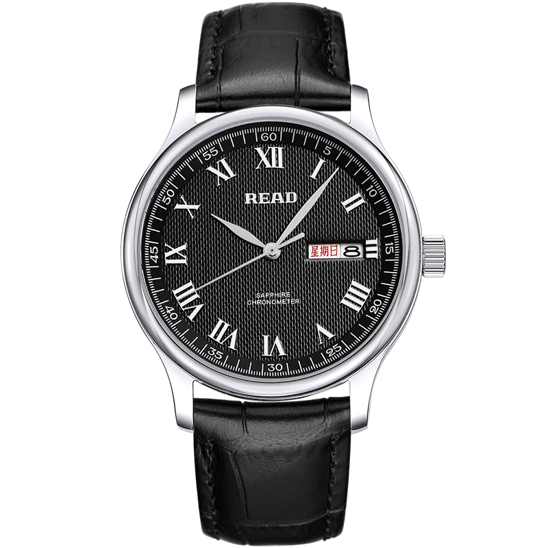 READ Mens Analog Business Watch | Black Dial with Day‑Date Window | Leather Band | 30M Water Resistant Casual Dress Wrist Watch