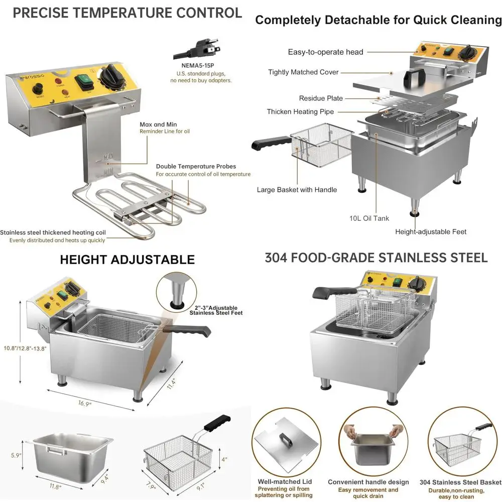

10L Stainless Steel Electric Deep Fryer with Basket and Lid, 1750W for Home & Commercial Use
