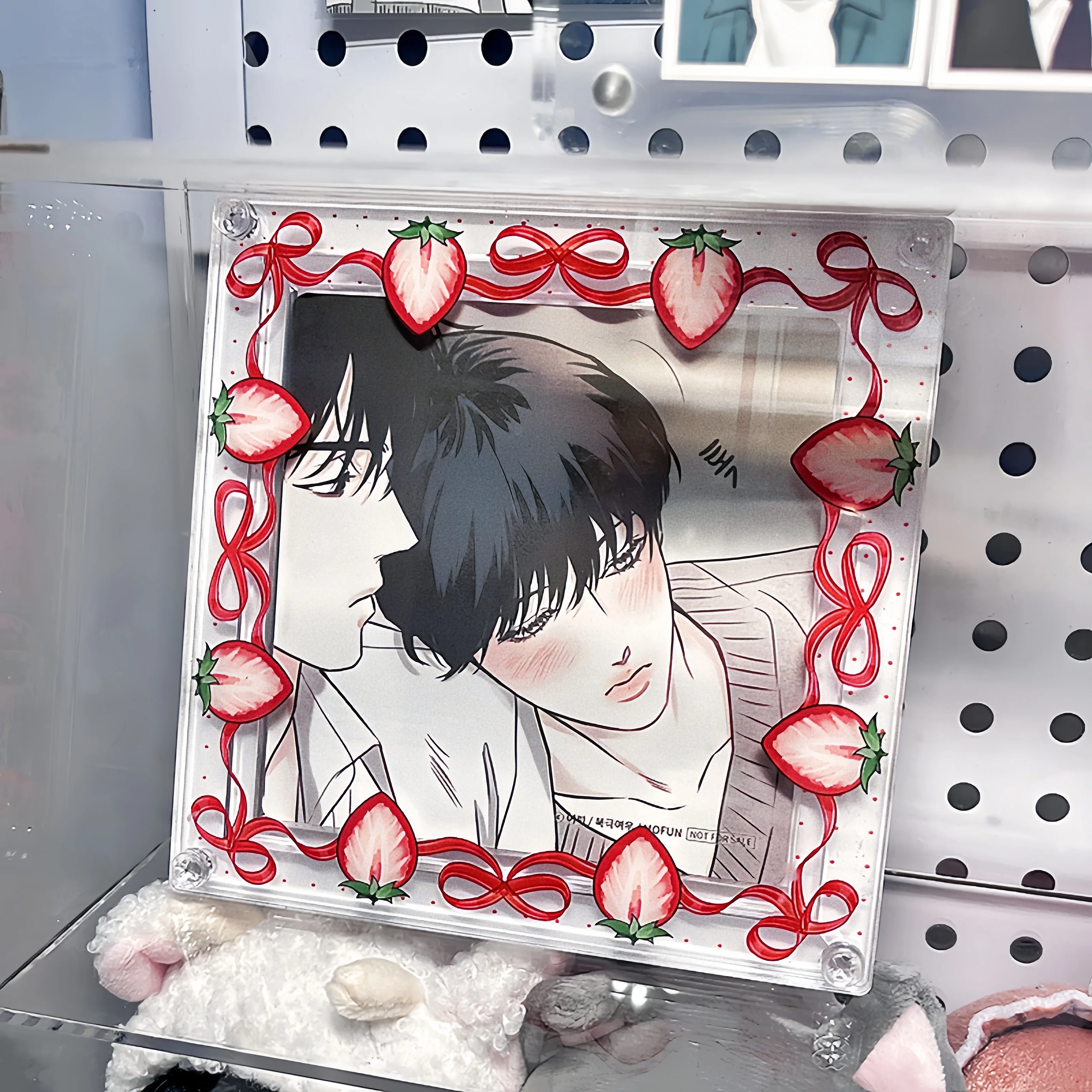Sweet Strawberry 9/10cm Acrylic Coaster Display Brick, Pin Storage Frame with Adjustable Ring, for Anime Kpop Merch Layout Decor