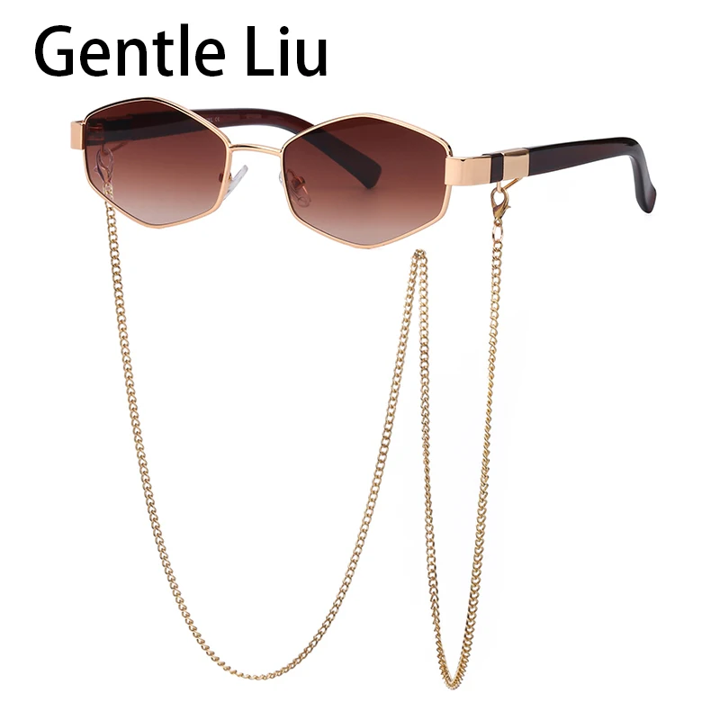 Vintage Punk Sunglasses Women With Chain Small Frame Sun Glasses for Ladies 2024 Luxury Brand Designer Hexagon Eyewear UV400