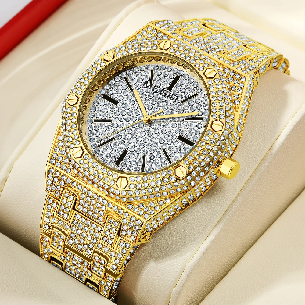 MEGIR Business Men's Watches Classic Luxury Rhinestone Quartz Watch Men Golden Stainless Steel Band Waterproof Wristwatch