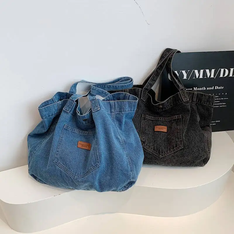 

Новая джинсовая сумка-тоут с карманом, кожаная этикетка, вместительная большая верхняя ручка, повседневная модная сумка для покупок, путешествий, поездок на работу, унисекс