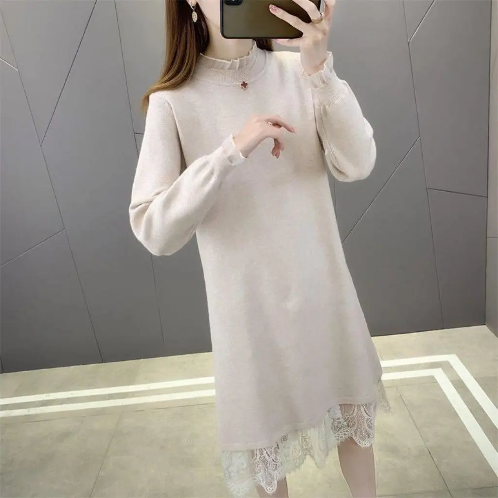 

Женская кружевная свободная юбка-свитер средней длины, осенняя модная рубашка в ленивом стиле, новый стиль, повседневная верхняя одежда