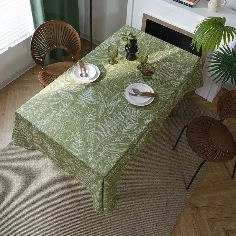 VIKAMA Olive Green Fern Leaf Sketch Tablecloth Tropical Plant Rectangular Waterproof Minimalist Kitchen Dining Table Cover