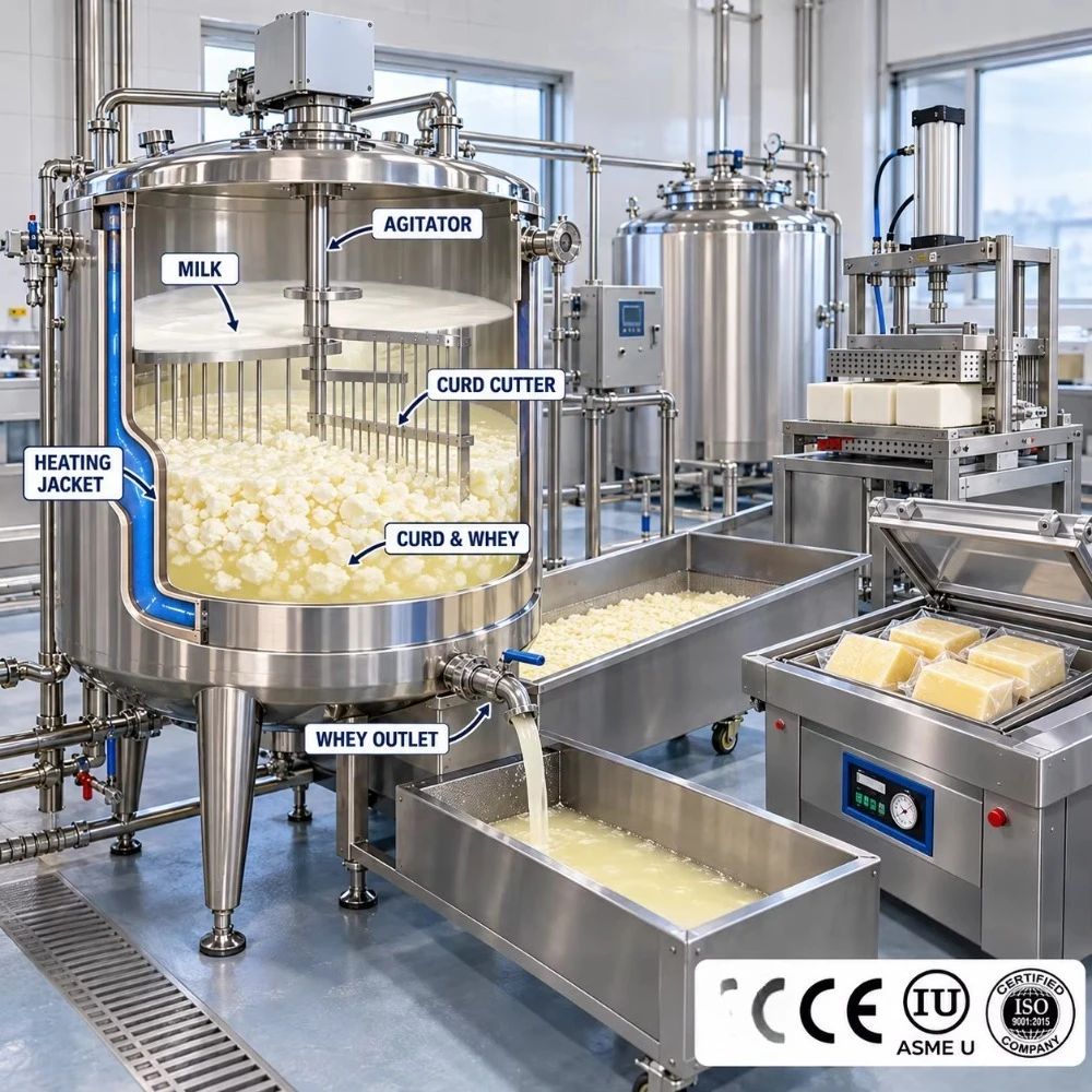 Stainless Steel Cheese Processing Production Line Cheese Making Mixing Curd Cutting Pressing and Vacuum Packing Equipment