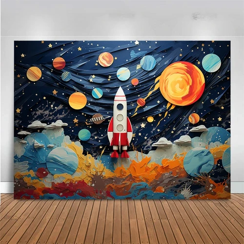 Imagen 2 del producto Fondo de cohete espacial fotografía dibujos animados nave espacial Mars niños ducha niño feliz cumpleaños papel tapiz decoración telón de fondo