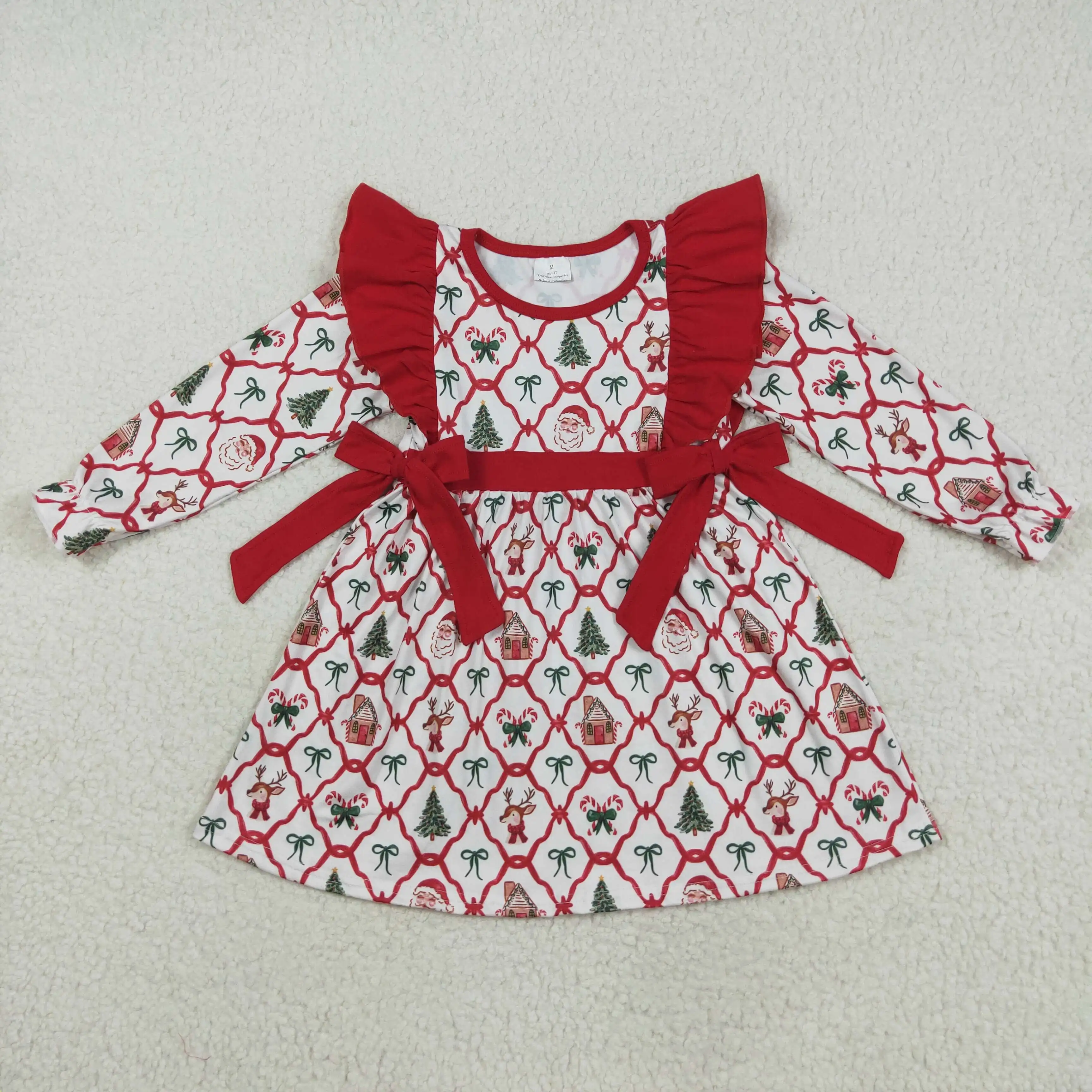 

9.17 Winter Hot Sale Wholesale Western Boutique children clothing Baby Girls Christmas Deers Bows Trees Knee Length Dresses
