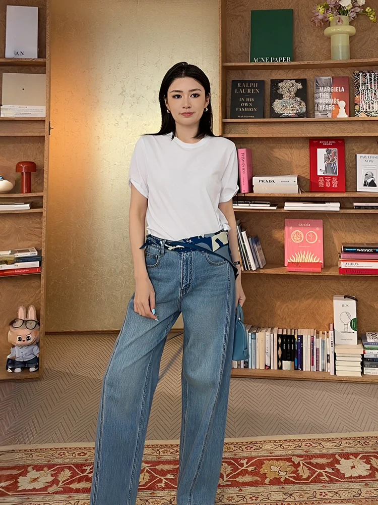

Le Samedi Vintage Pure Cotton Washed Denim Straight Leg Trousers High Waist Zipper Casual Spring Ladies Fashion Jeans