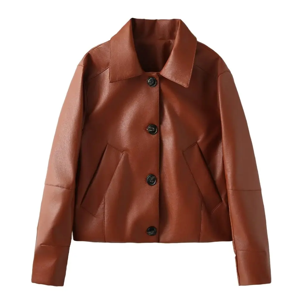 Herfsttemperament Veelzijdige revers Leren korte jas met lange mouwen en knopen voor dames van spotgroothandel
