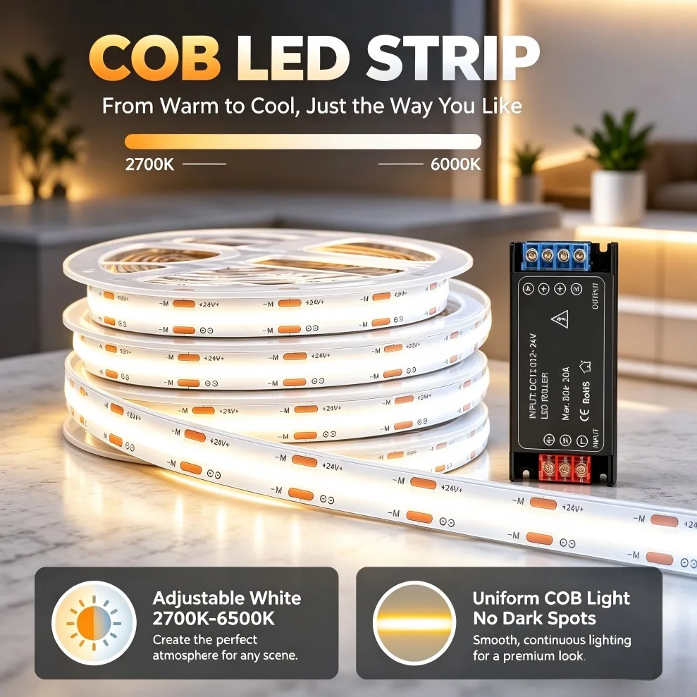 COB LED Strip Light DC24V RA98 8mm CCT Dimmable 2700K-6500K Dual Color Flexible Tape Power Kit Cupboard Lighting Indoor Decor