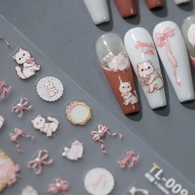 5D 진주 만화 절묘한 카트 활 네일 아트 스티커, 카와이 일본 핑크 리본 장식, 네일 데칼, DIY 액세서리, 1 개