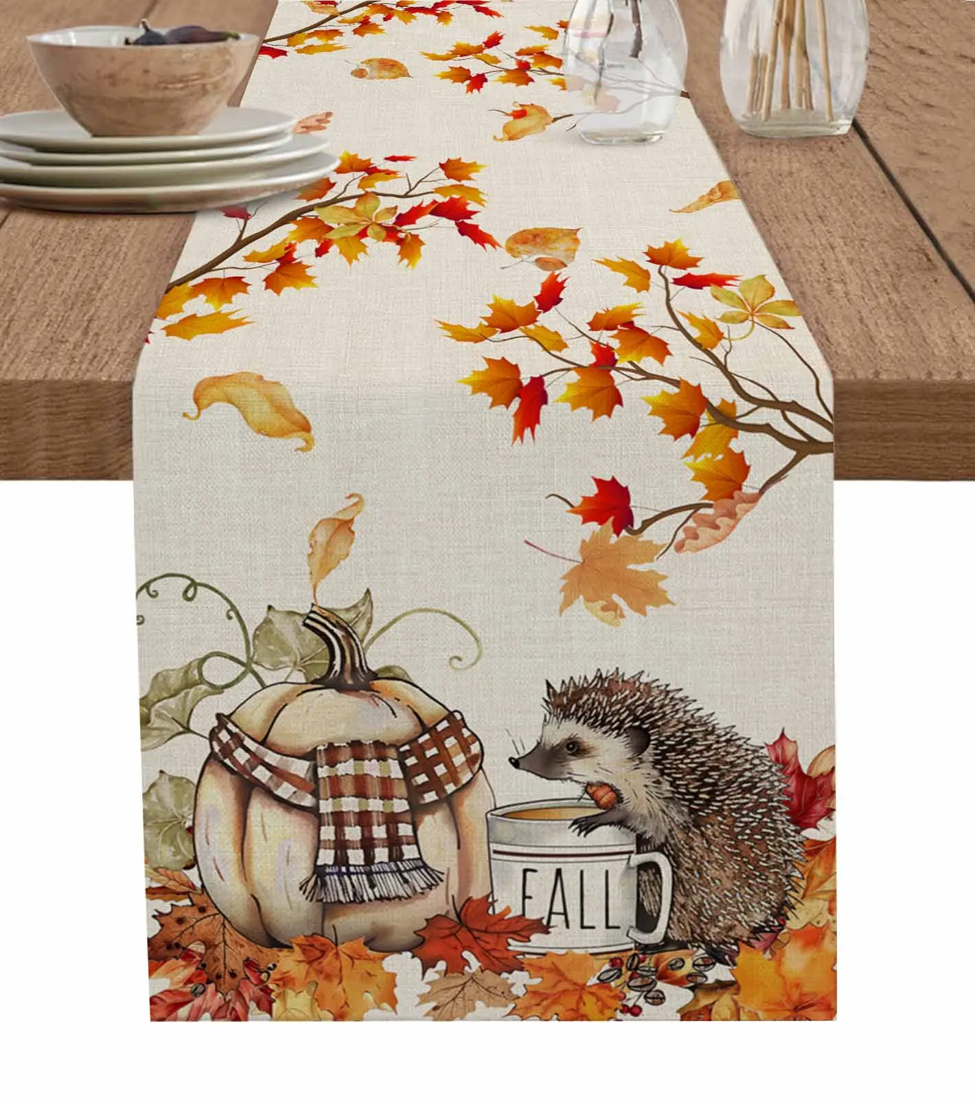 Fall Pumpkin Hedgehog Pine Cone Table Runner Wedding Dining Table Decoration Table Runner Holiday Dining Tablecloth