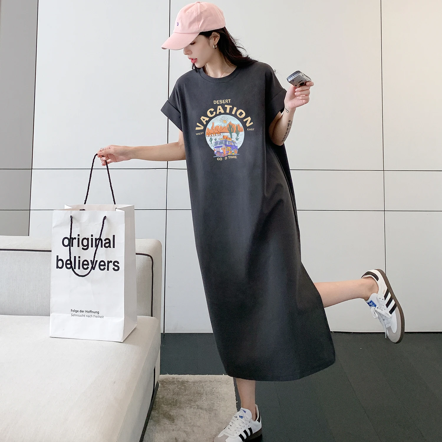 T-shirt imprimé en pur coton pour femmes, dr Long Sve ort Sve, jupe trapèze, pour les déplacements, nouvelle collection été