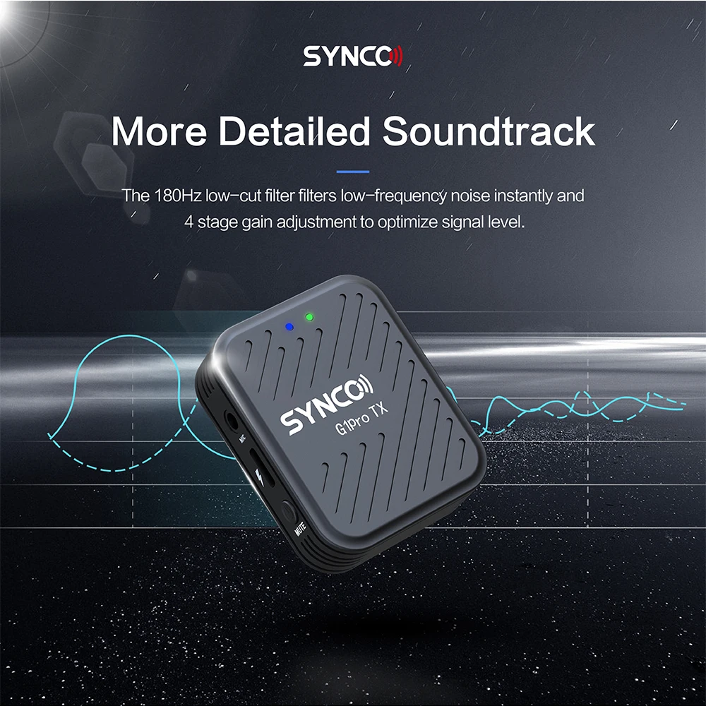 SYNCO G1A2Pro ميكروفون لافالير لاسلكي 150 متر ميكروفون ذو طية صدر السترة بدون ضوضاء مع صندوق شحن للهاتف الكاميرا