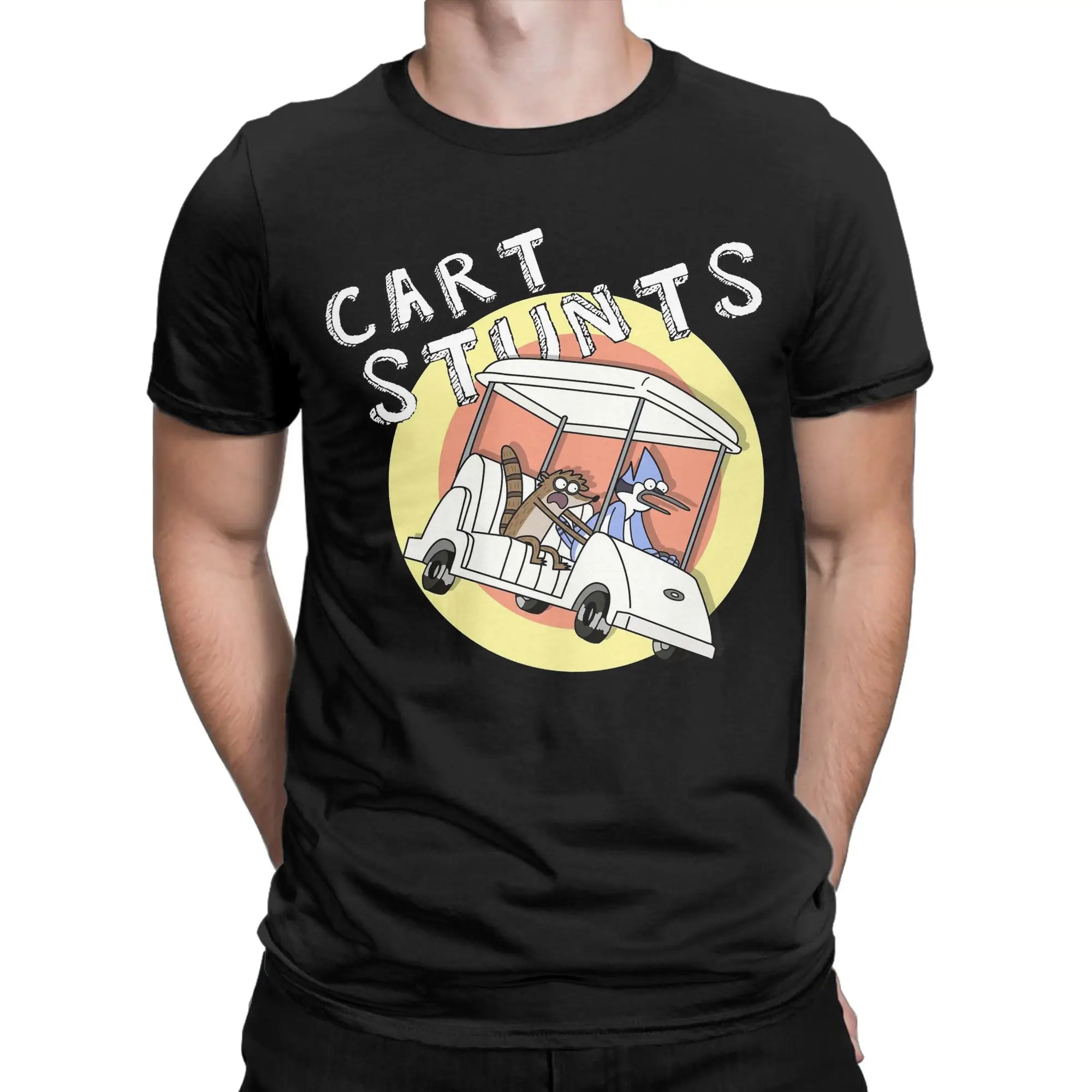 Men Women's Mordecai and Rigby Cart Stunts Regulars Show T Shirts  Pure Cotton Clothes Awesome Short Sleeve Round Collar Tees