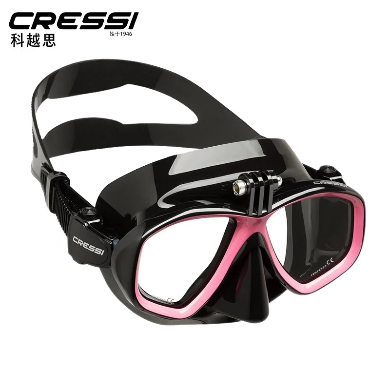 Cressi ACTION Scuba Diving Mask With Go Pro Camera Mount Tempered Glass 2 Window Low Volume Snorkeling Swimming Mask  for Adults
