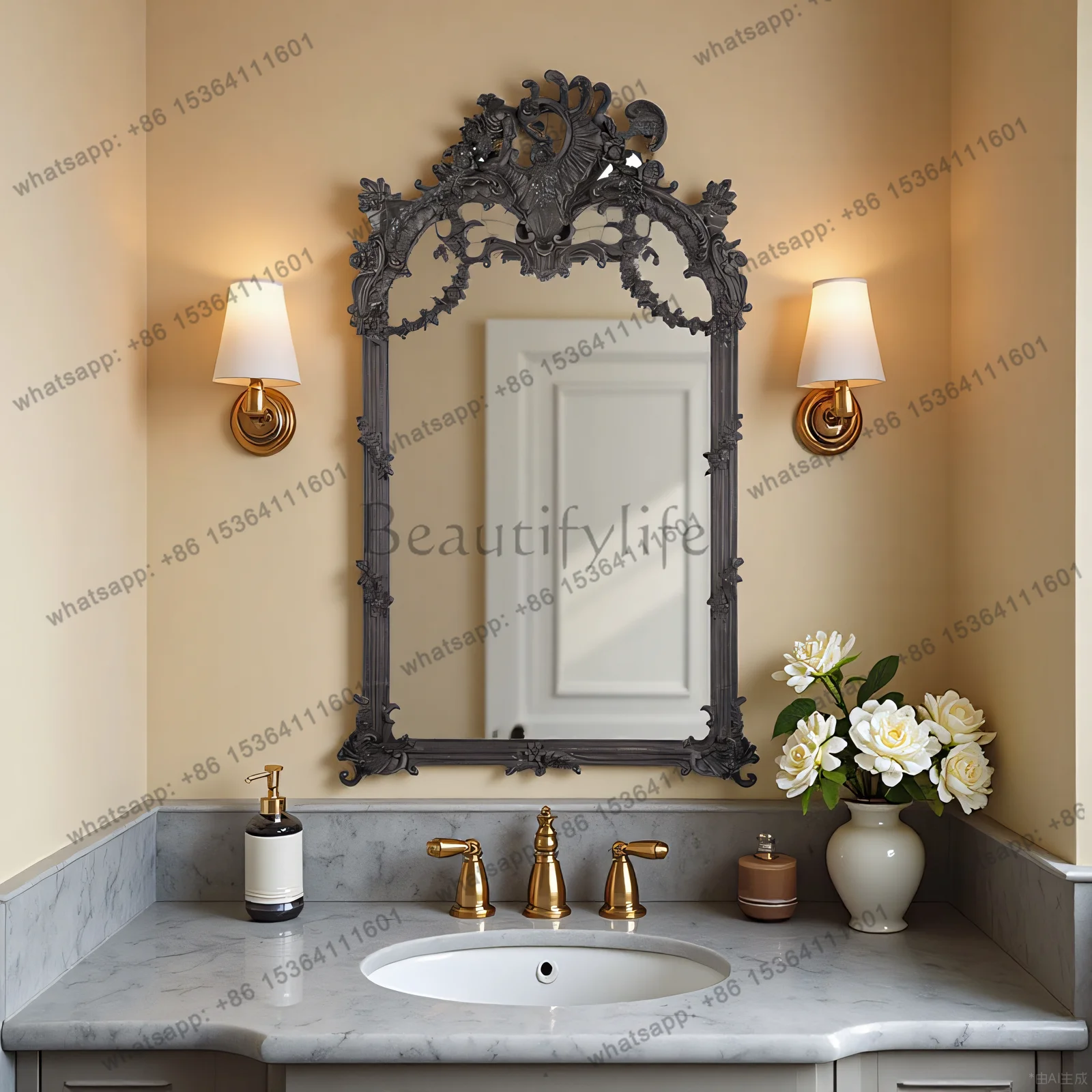 

D33 black French engraved makeup mirror, bathroom sink, wall-mounted decorative mirror