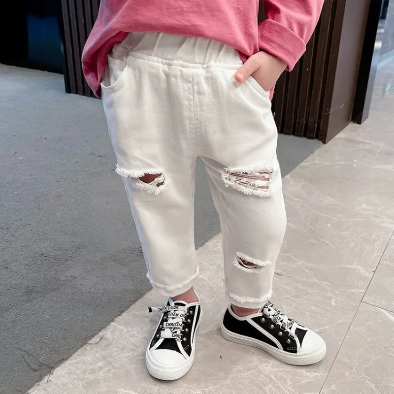1-6 Years Toddler Children's White Ripped Jeans Casual Cotton Boys Pants Girls Spring Summer Baby Kid Straight Leg Long Pants