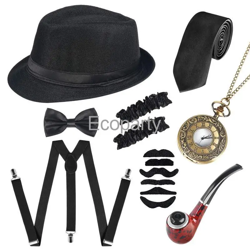 New 1920s Mens Great Gatsby Cosplay Costume Suit 8pcs Men Gangster Party Props Hat Cigar Suspender Pocket Watch Accessories Set