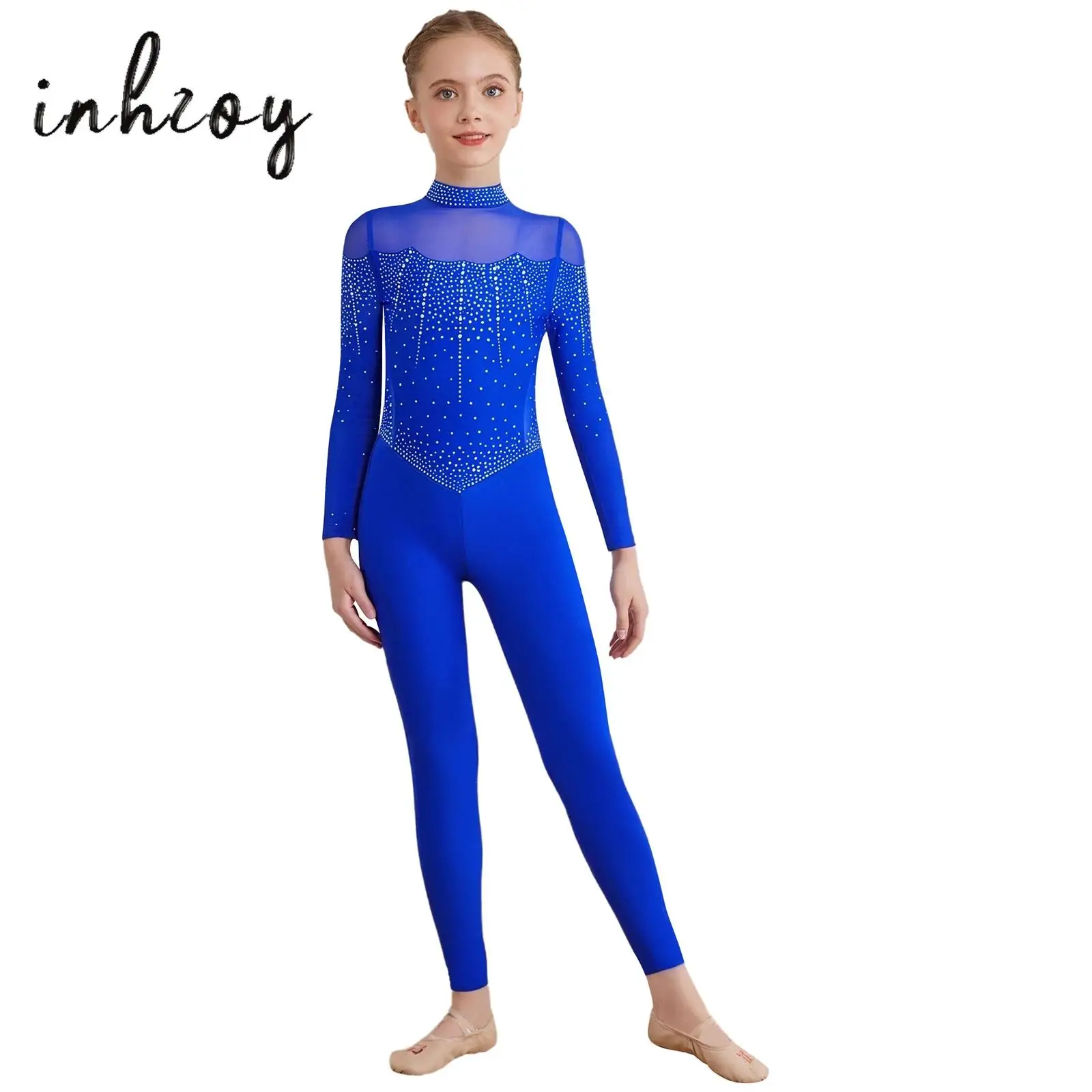

Kids Girls Figure Skating Gymnastics Dance Bodysuit Shiny Rhinestones Full Body Leotard Mock Neck Long Sleeve Mesh Jumpsuit