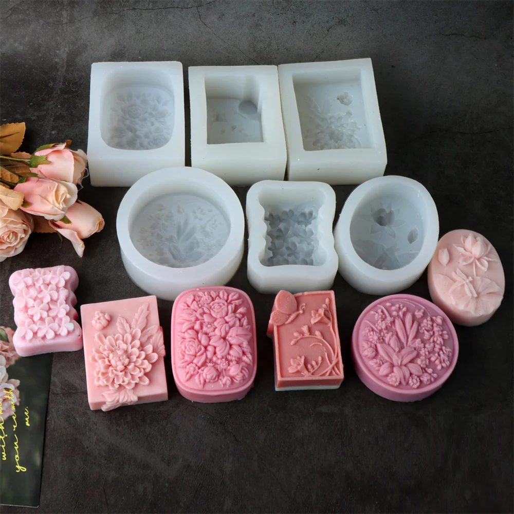 3D flache Blumenmuster Relief Silikon Seifenform DIY Lilie Pfingstrose Blumenduft Seife machen Werkzeug Silikonform
