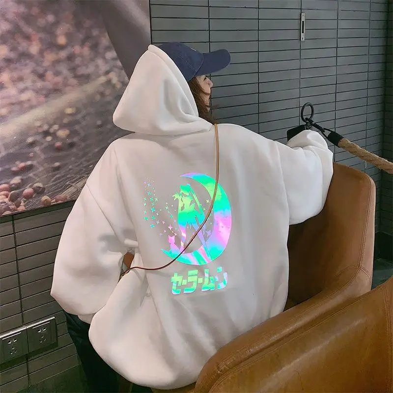 Women's Sailor Moon Reflective Hoodie Korean Loose Casual Jacket Student Couple Oversized Sweatshirt Street Wear Pullover Tops
