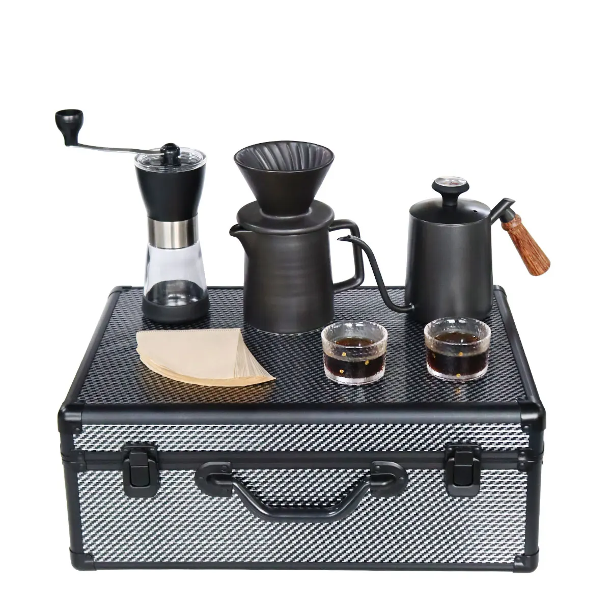 Travel Coffee Maker Sets with Pour Over Dripper Server Coffee Kettle Manual Grinder Filter Paper Gift Box for Outdoor Camping