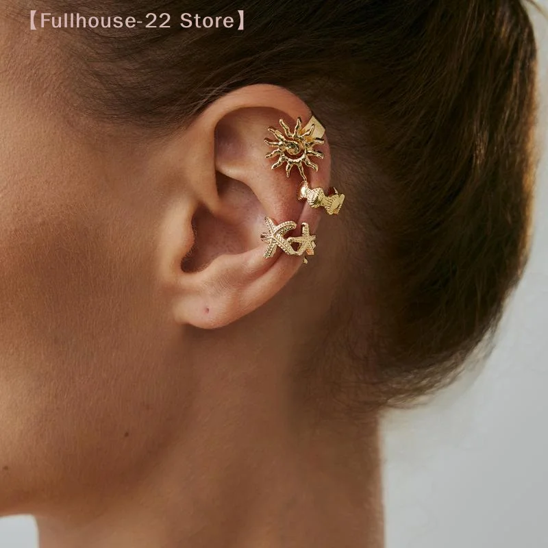 【MAX-22】3Pcs Ear Cuff Earrings Non-Piercing Starfish Sun Cuff Ear Clip Earring For Women Fake Cartilage Simple Y2K Jewelry